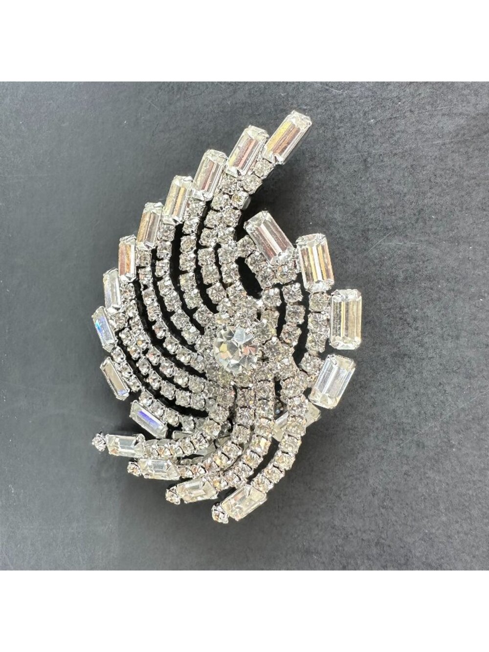 Vintage Clear Rhinestone Brooch Hurricane Silver Tone